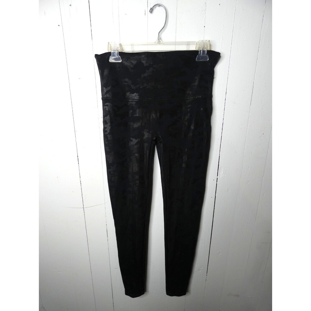 Spanx Women's XL Metallic Black Camo Leggings High Rise Stretch Shiny